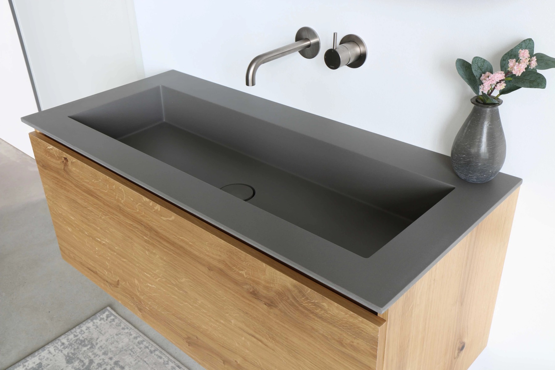 Ink Kraft dubbele meubelwastafel 180x45cm - 2 kraangaten - Quartz beton - Hover