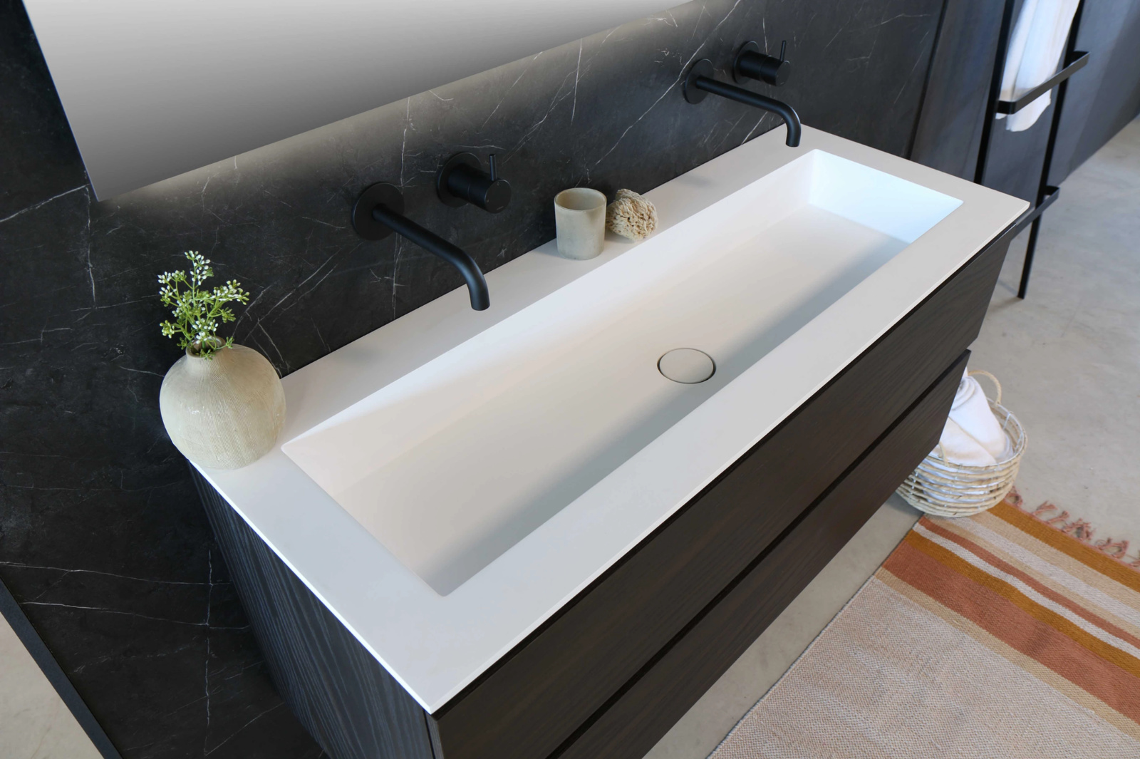 Ink Kraft dubbele meubelwastafel 180x45cm - 2 kraangaten - Polystone mat wit - Hover