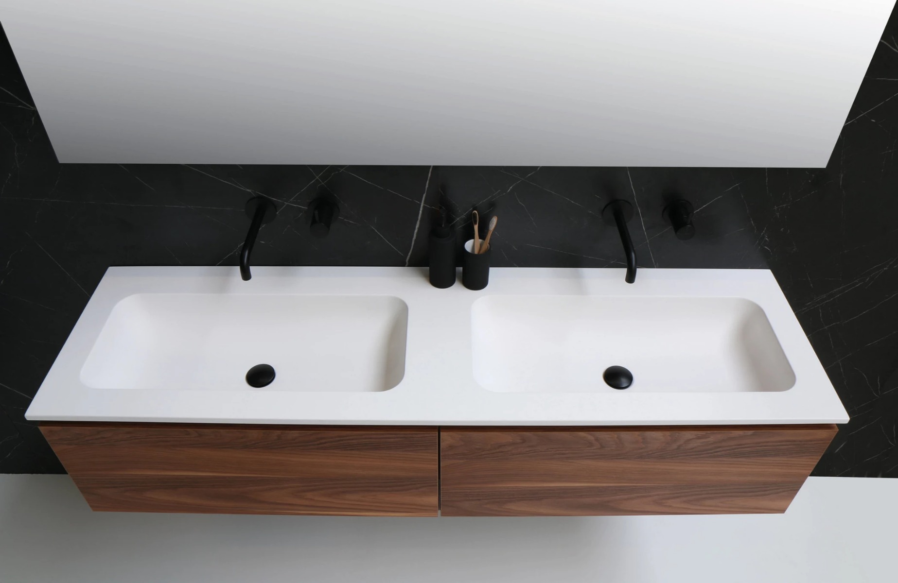 Ink Faktor Wastafel polystone dubbel met 2 kraangaten - Mat wit - 1600x450x15 mm (bxdxh) - Hover