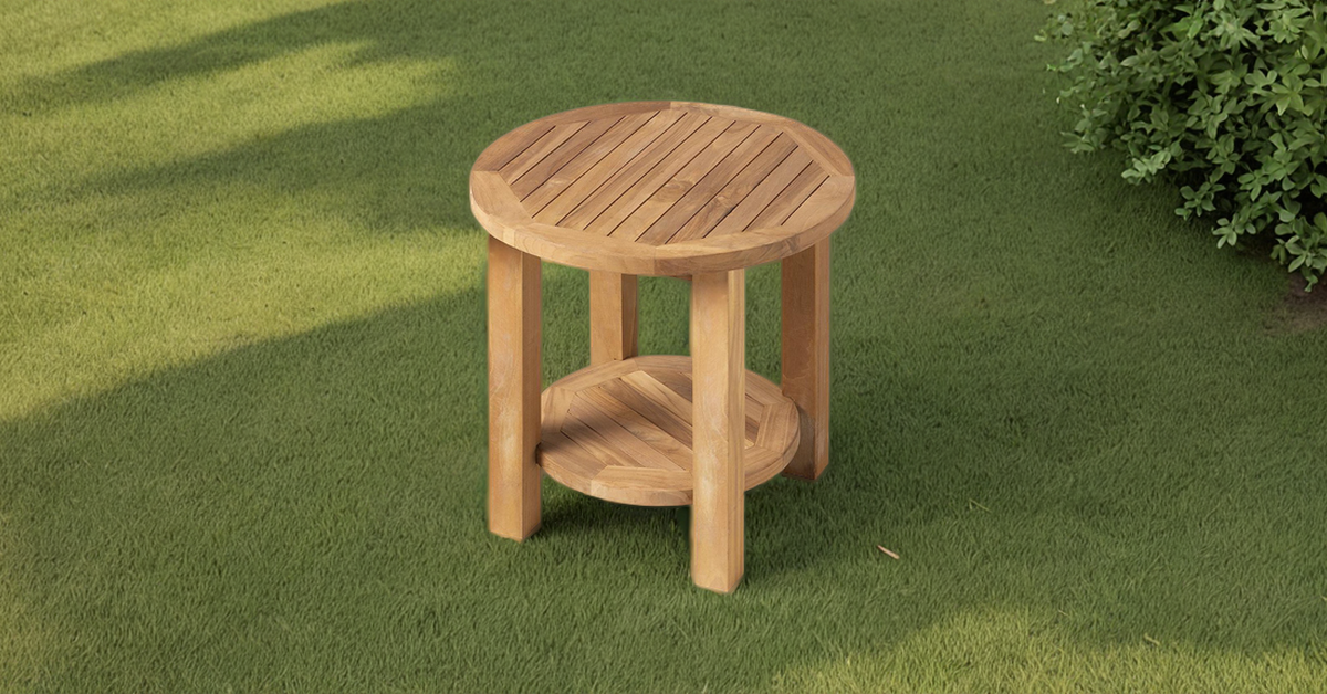 Ronde teakhouten salontafel 60 cm met onderblad en RVS bevestiging – geschikt voor buiten - Hover