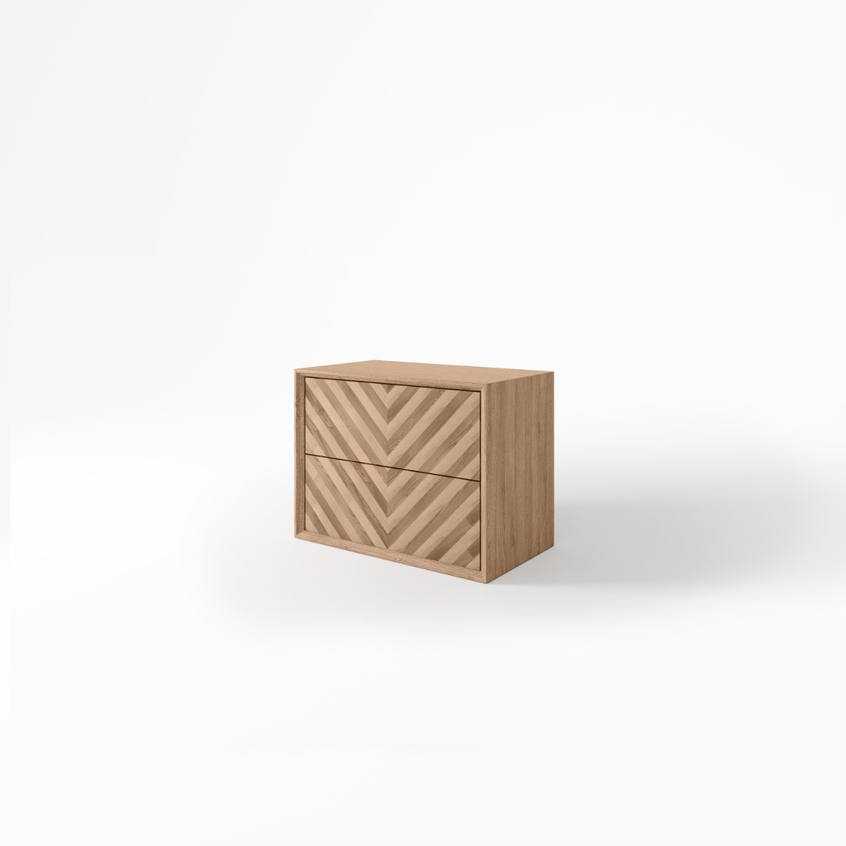 Eikenhouten maatwerk badmeubel Roberto met design V-graad motief frontjes, afgewerkt in trendy kleuren of eigen RAL-kleur, vakkundig gespoten in onze meubelspuiterij voor een strakke afwerking en optimale bescherming tegen vocht. - Hover