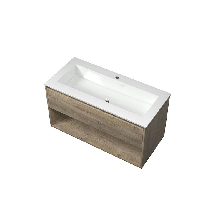 Wastafel polystone Elegant 100x46x2 |1 Kraangaten | Mat wit Onderkast 1 lade met open schap 100x46x52 - Hover
