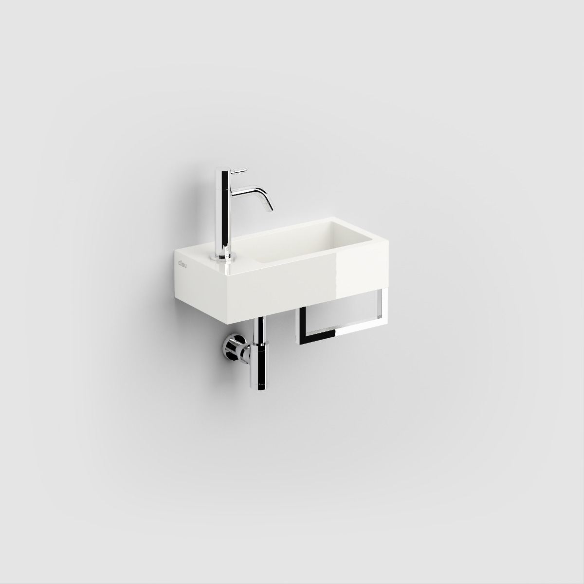 Clou - Flush 3 Fontein Links 36cm, Met Voorbewerkt Kraangat, Chromen Afvoerplug En Handdoekhouder, Glanzend Wit Mineral Marmer - Hover