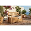 Teakhouten opbergbank 100cm met klep en lattenstructuur op een zonnig mediterraan terras met bloemen.