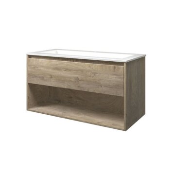 Wastafel polystone Elegant 100x46x2 |1 Kraangaten | Mat wit Onderkast 1 lade met open schap 100x46x52