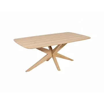 Deze stijlvolle eettafel vormt het rustgevende middelpunt van een modern interieur, waar natuurlijk hout en minimalistisch design samenkomen voor een warme sfeer. De centrale pootopstelling biedt maximale beenruimte en een luchtige uitstraling, perfect vo