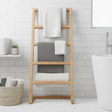 Houten handdoekladder van massief teakhout met vijf sporten in een moderne witte badkamer setting.