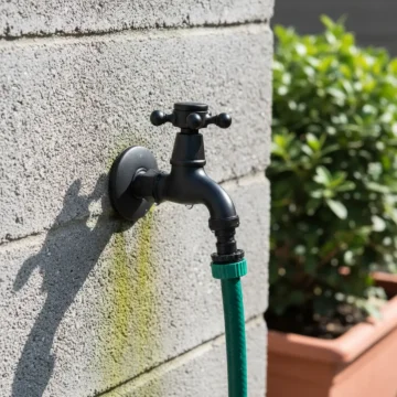Zwarte buitenkraan van mat metaal met klassieke kruisgreep gemonteerd op een grijze stenen muur in een tuin.