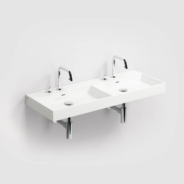 Clou - Wash Me Dubbele Wastafel 110cm, Zonder Plug, Glanzend Wit Mineral Marmer