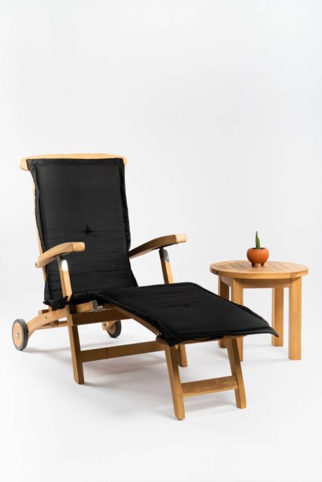 Deckchair met wielen met Rond tafeltje | Zwart Kussen - TK-DC-MW-RT-ZW
