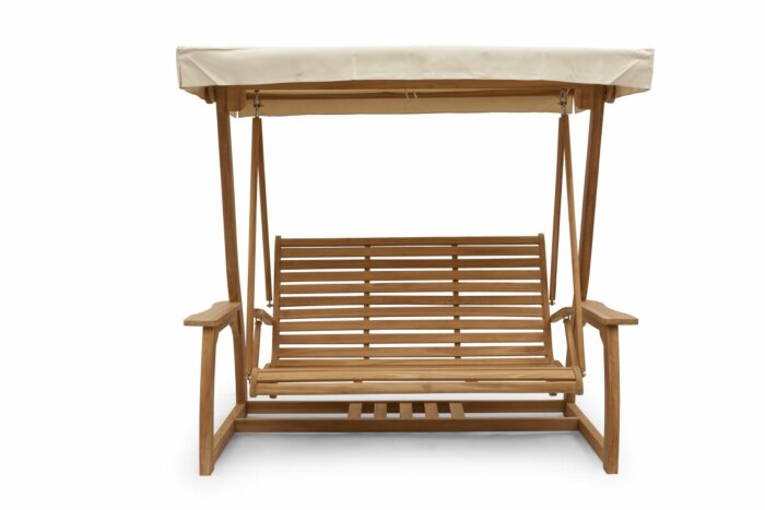 Teak schommelbank driezits van massief teakhout, met ophanging via houten stokken en RVS-haken
