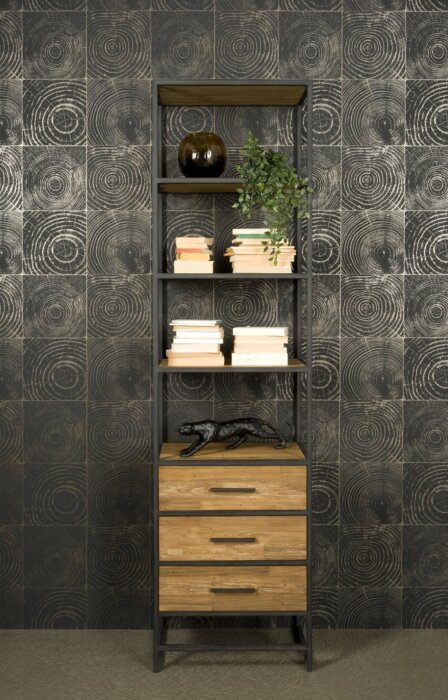 "Felino boekenkast 60x220x45 cm – Industriële houten boekenkast met 4 open schappen en 3 laden, gemaakt van gerecycled teakhout en een metalen frame."

