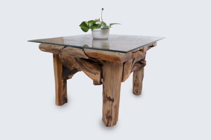 ROOT | Teak Wortel Salontafel met glas | Vierkant | 60x60x45 - DEV-ROOT-CT-SQ-60-60-45