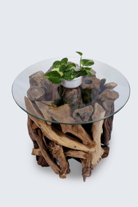 ROOT | Teak Wortel Salontafel met glas | Rond | 50x50 - DEV-ROOT-CT-ROUND-50-50