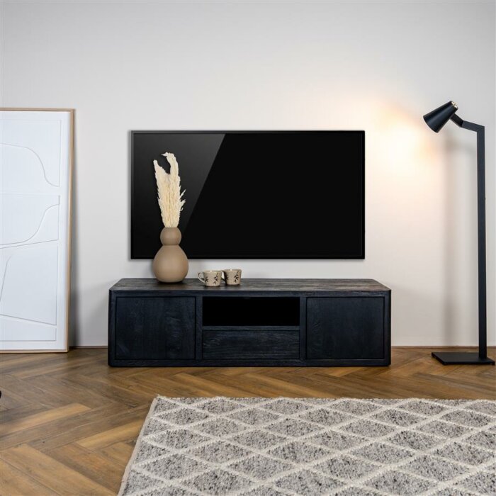 Zwart mangohouten Tenna TV‑meubel 150 cm met push‑to‑open deuren en open vak