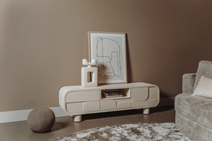 Alviano TV-meubel in Japandi stijl, afmetingen 150x40x45 cm, gemaakt van MDF, met asymmetrisch en elegant design.
