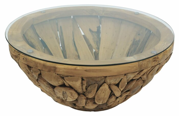ROOT | Teak Wortel Salontafel met glas | Rond | 90x45 - DEV-ROOT-CT-BOWL-80-45