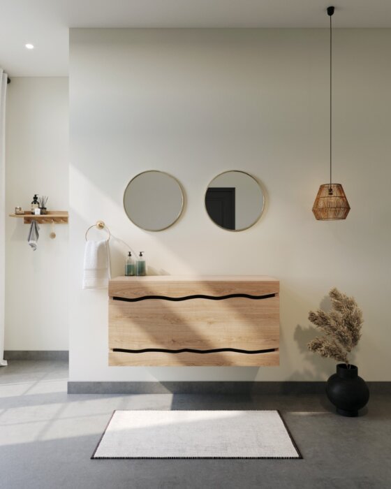 Eiken Houten Badmeubel Silja met Golf Effect, verkrijgbaar in meerdere maten, perfect voor een strakke en moderne badkamer