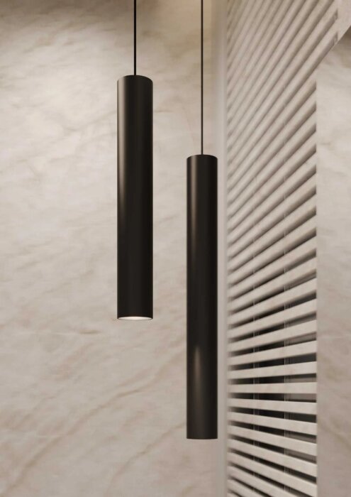 VADUZ hanglamp uit de Lightningware collectie, minimalistisch ontwerp met ronde afwerking, matzwart aluminium, beschikbaar in twee maten (D55 x H300 mm, D55 x H400 mm), moderne en verfijnde verlichting voor keuken, eetruimte, woonkamer en sanitaire ruimte