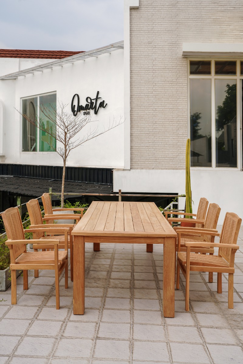 Teakea Teakhouten Tuinset met 6 Ibiza stapelbare teakstoelen en Nelson tuintafel 250x100 cm – luxe, duurzame tuinset van FSC teak voor buiten

 - Hover