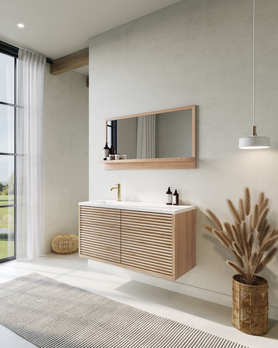 Eikenhouten badmeubel Leah met vier laden en stokmotief ladenfronten, afgewerkt met hoogwaardige lak of olie, verkrijgbaar in verschillende maten en kleuren, perfect voor maatwerk en vochtige ruimtes. - Hover