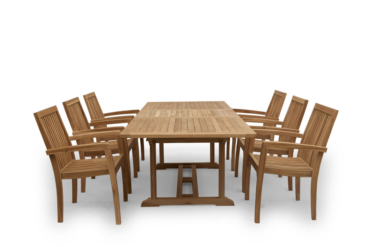 Teak Tuinset Pile | 6 Stapelbare tuinstoelen met Teak tafel 150<>200 rechthoekig - Hover