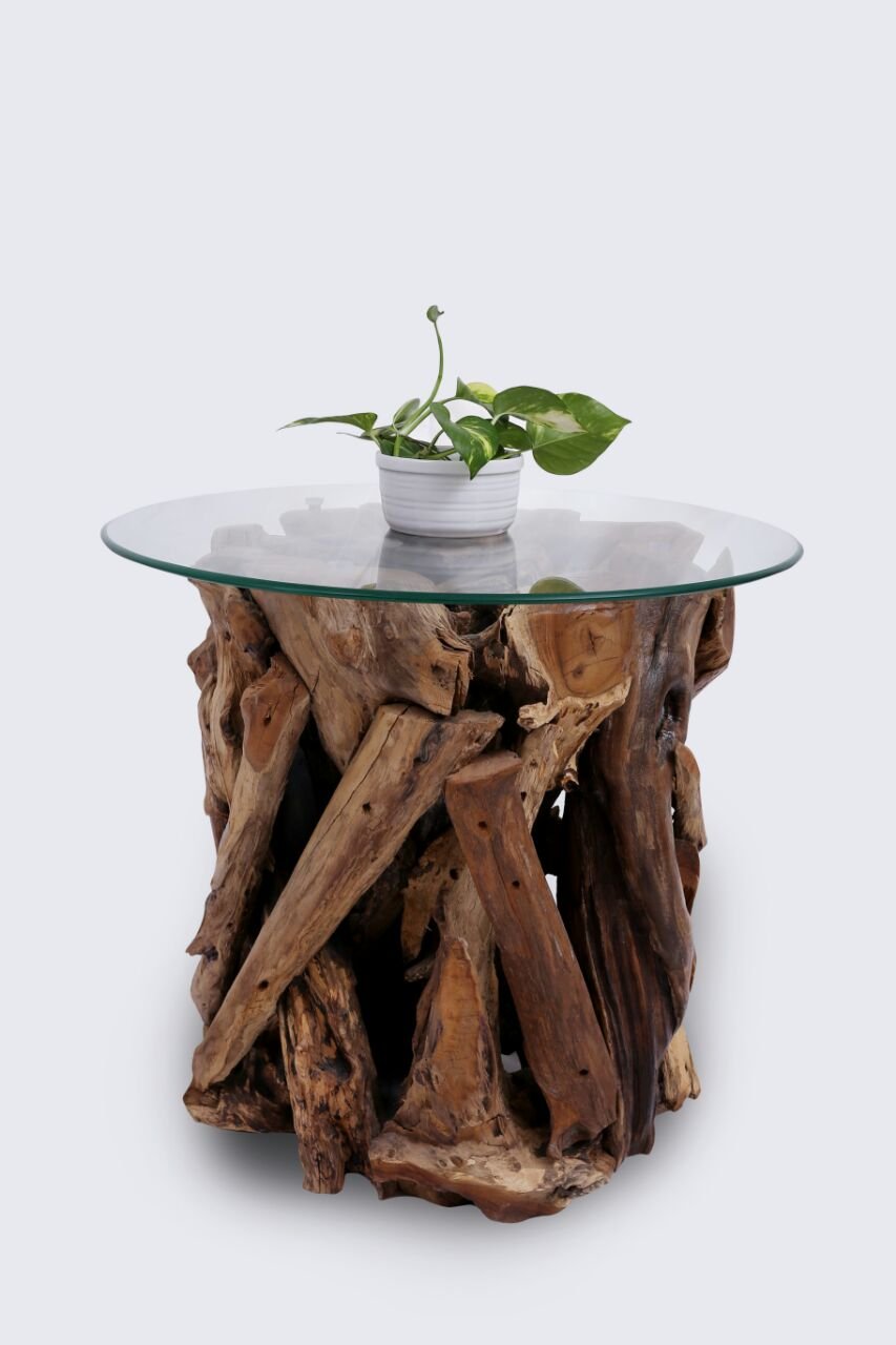 ROOT | Teak Wortel Salontafel met glas | Rond | 50x50 - DEV-ROOT-CT-ROUND-50-50 - Hover