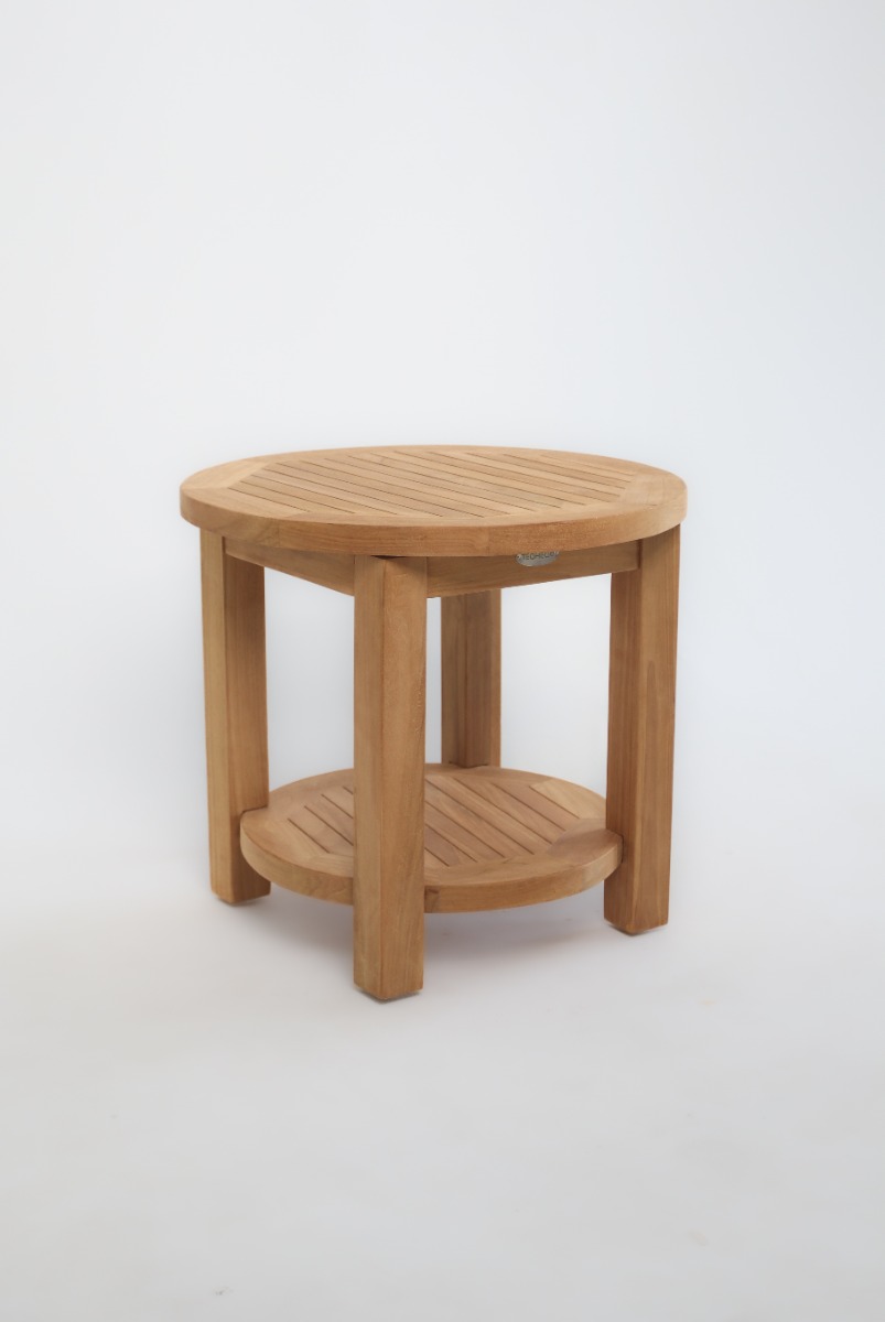 Ronde teakhouten salontafel 60 cm met onderblad en RVS bevestiging – geschikt voor buiten - Image 3