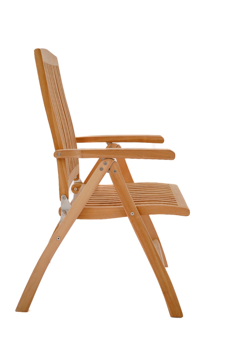 Teakhouten Nelson tuintafel 160x90 met 4 verstelbare Linda stoelen, buitenmeubelset op een terras. - Hover