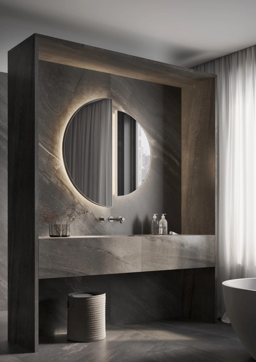 LUNA spiegel met uniek halfrond design en stijlvol frame, op maat verkrijgbaar in diverse afmetingen en kleuren. Indirecte verlichting, maatwerkopties zoals dimbare trafo’s, Bluetooth-audio en digitale klok. Perfecte combinatie van esthetiek en functional - Hover