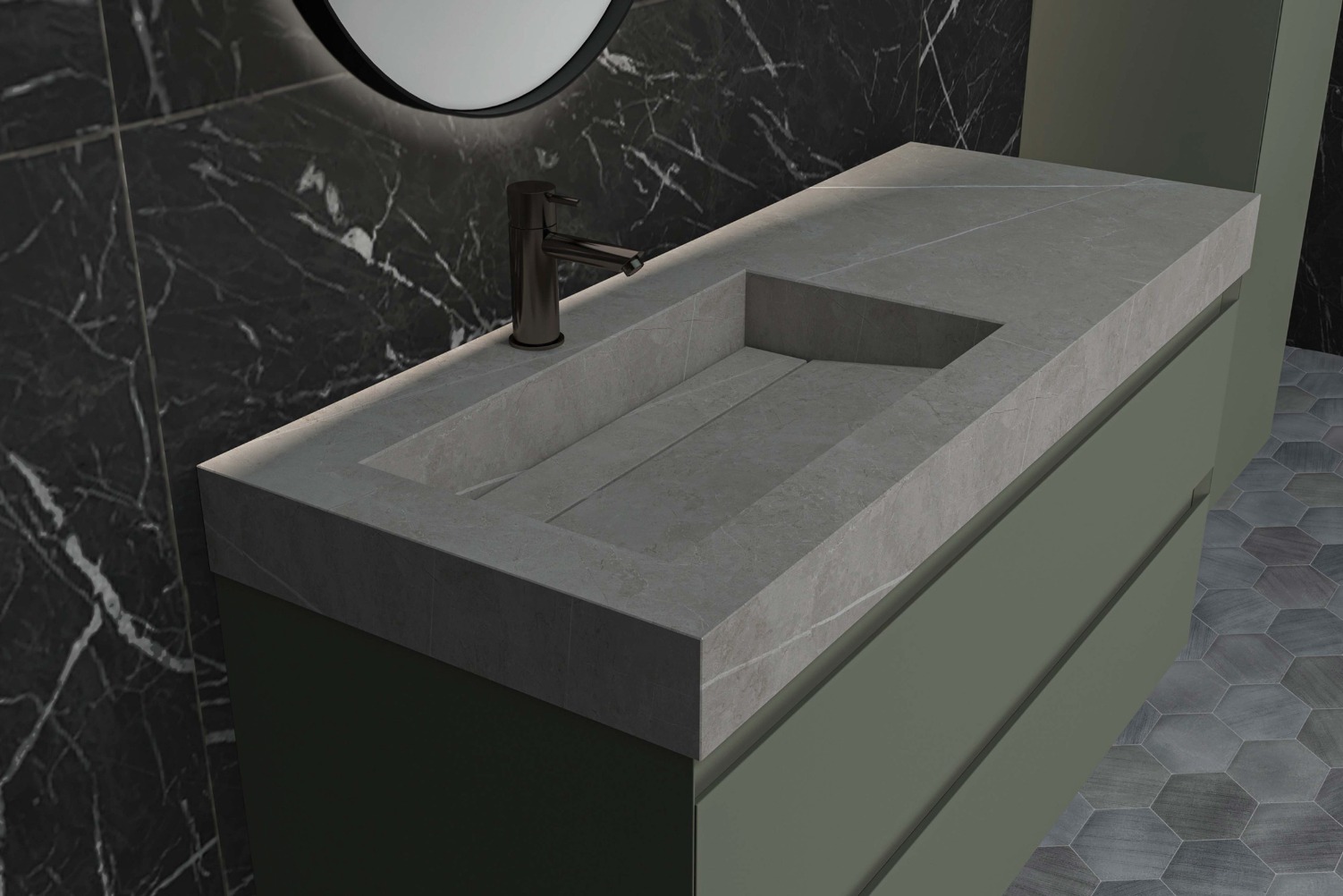 PITCH Wastafel met enkele bak in keramische slab met schuinaflopende wasbak en drain in de kleur van de wastafel. Incl. open rooster plug in chroom en zuignap voor uitname drain 100 x 45 x 9 wasbak links - Hover