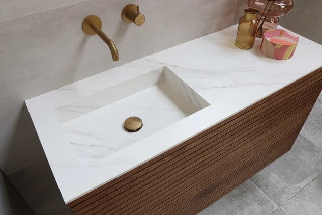 Ink Post Wastafel keramische slab envelop bak rechts zonder kraangat - Statuario glans - 1200x450x10 mm (bxdxh) - Hover