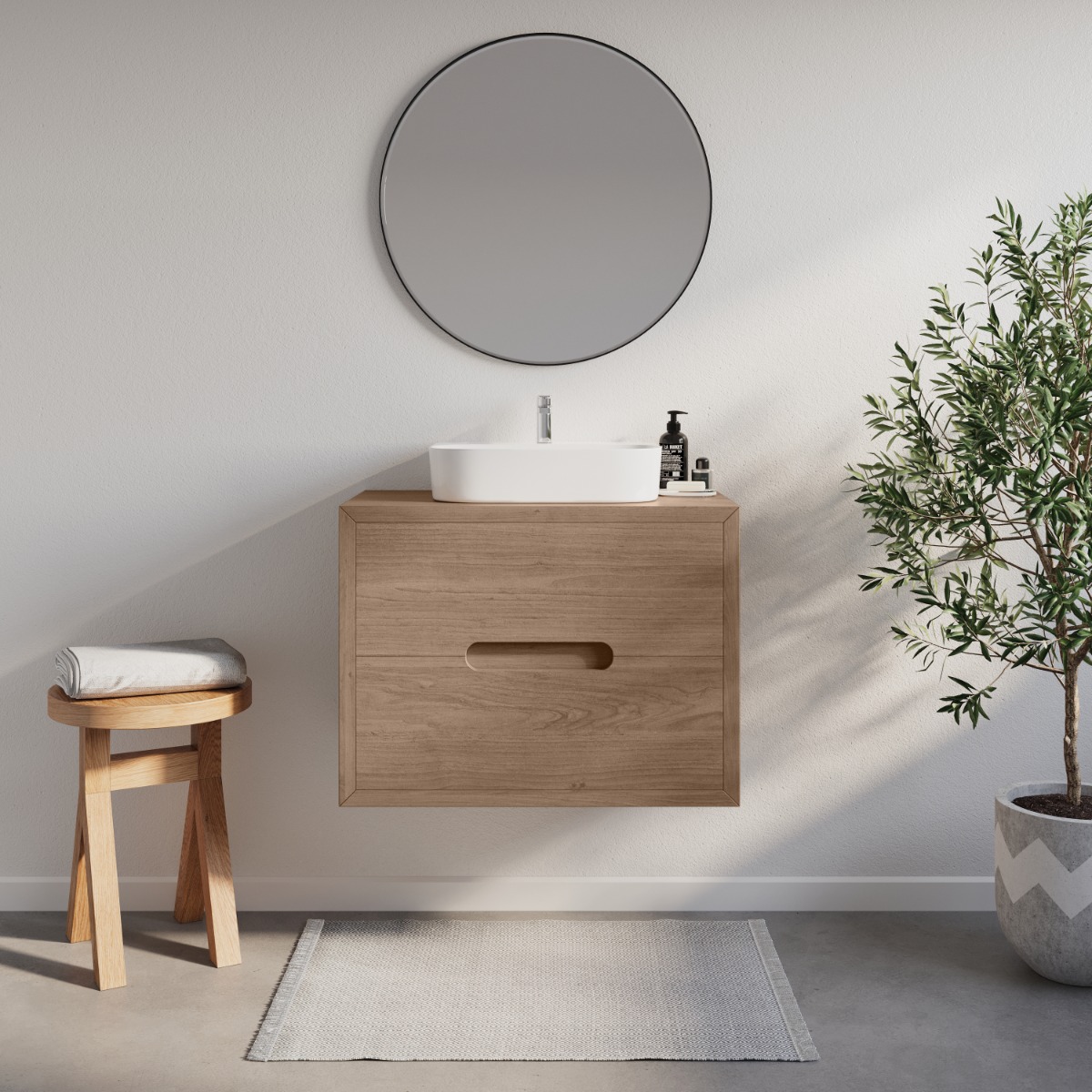 Eikenhouten badmeubel Rondo met minimalistisch design, afgewerkt met hoogwaardige lak of olie voor bescherming tegen vocht, verkrijgbaar in diverse maten en perfect voor maatwerk. - Hover