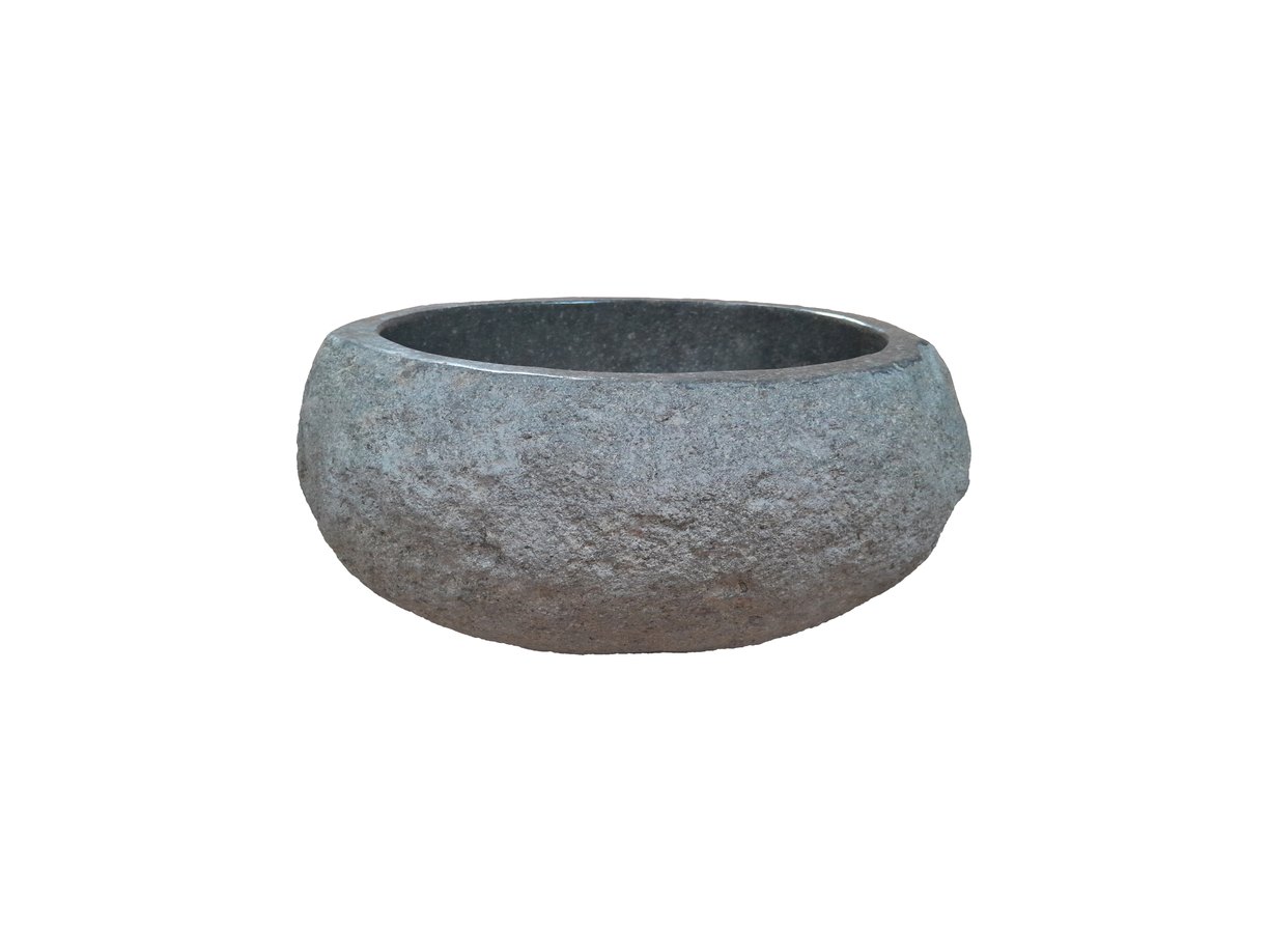 Unieke rivierstenen waskom, 28 x 27 x 15 cm, in natuurlijke grijstinten met een glad gepolijste binnenkant en ruwe buitenkant, ideaal voor het versterken van stijl en bruikbaarheid in compacte badkamers. - Hover