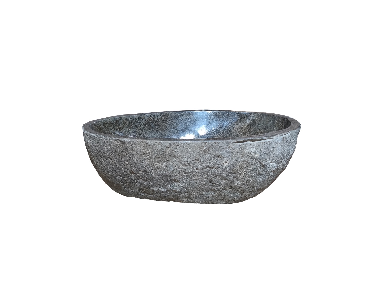 Unieke rivierstenen waskom, 29 x 28 x 15 cm, in natuurlijke grijstinten met een glad gepolijste binnenkant en ruwe buitenkant, biedt stijl en duurzaamheid in elke badkamer - Hover