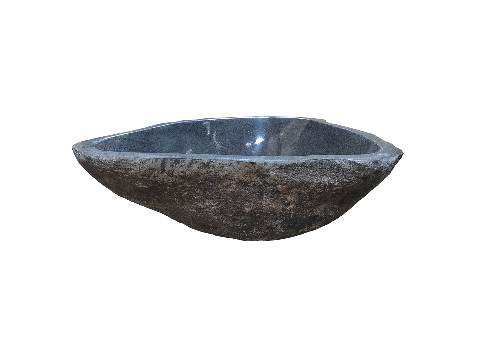 Unieke rivierstenen waskom, 36 x 33 x 15 cm, in natuurlijke grijstinten met een glad gepolijste binnenkant en ruwe buitenkant, integreert stijl met functionaliteit in uw badkamer - Hover