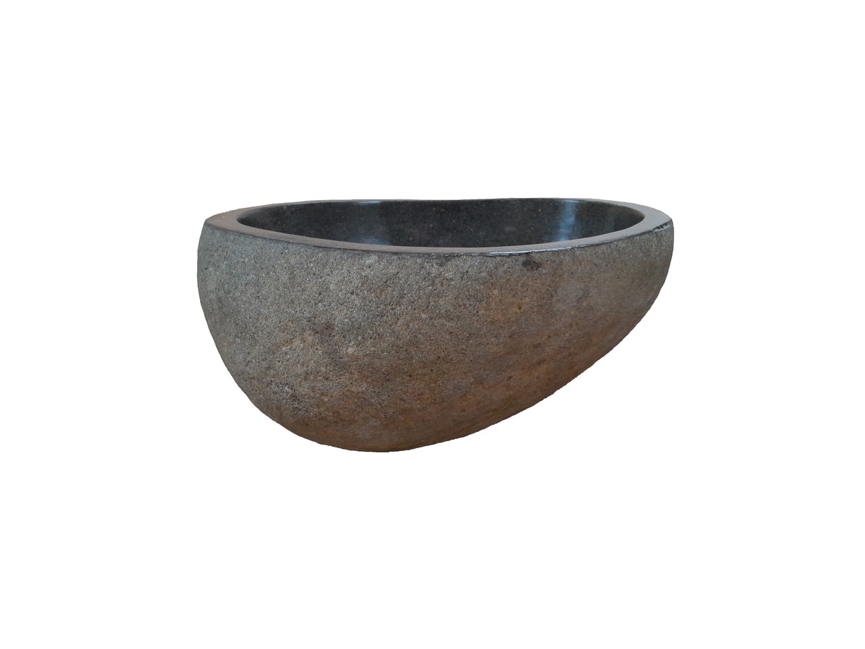 Unieke rivierstenen waskom in grijs, met een glad gepolijste binnenkant en natuurlijke buitenkant, afmetingen 33,5 x 29 x 15 cm, weerspiegelt duurzaamheid en natuurlijke schoonheid - Hover