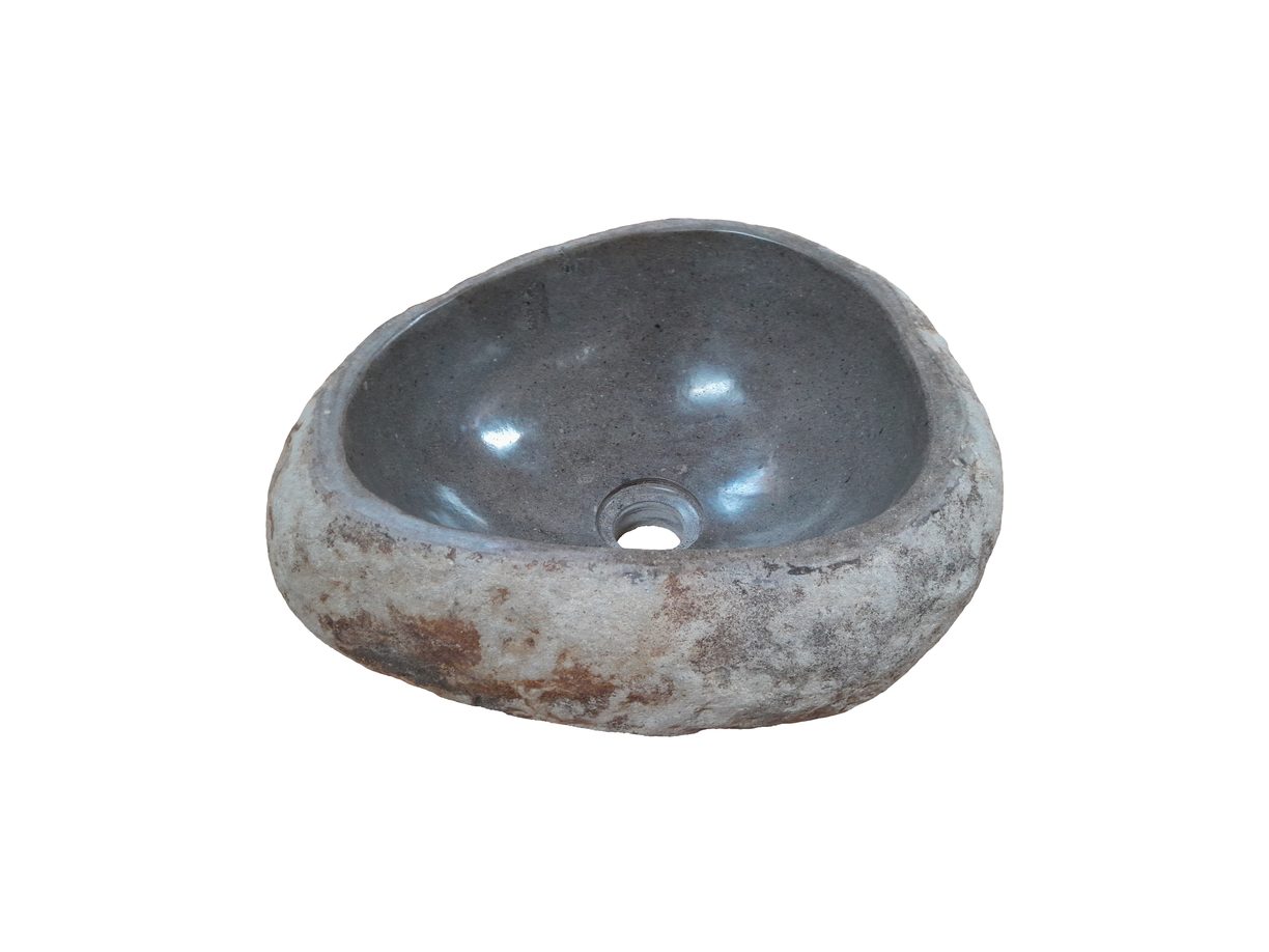 Unieke rivierstenen waskom in natuurlijke grijstinten, binnenkant glad gepolijst en ruwe buitenkant, afmetingen 33 x 29 x 14 cm, combineert esthetiek met functionaliteit in uw badkamerontwerp - Hover