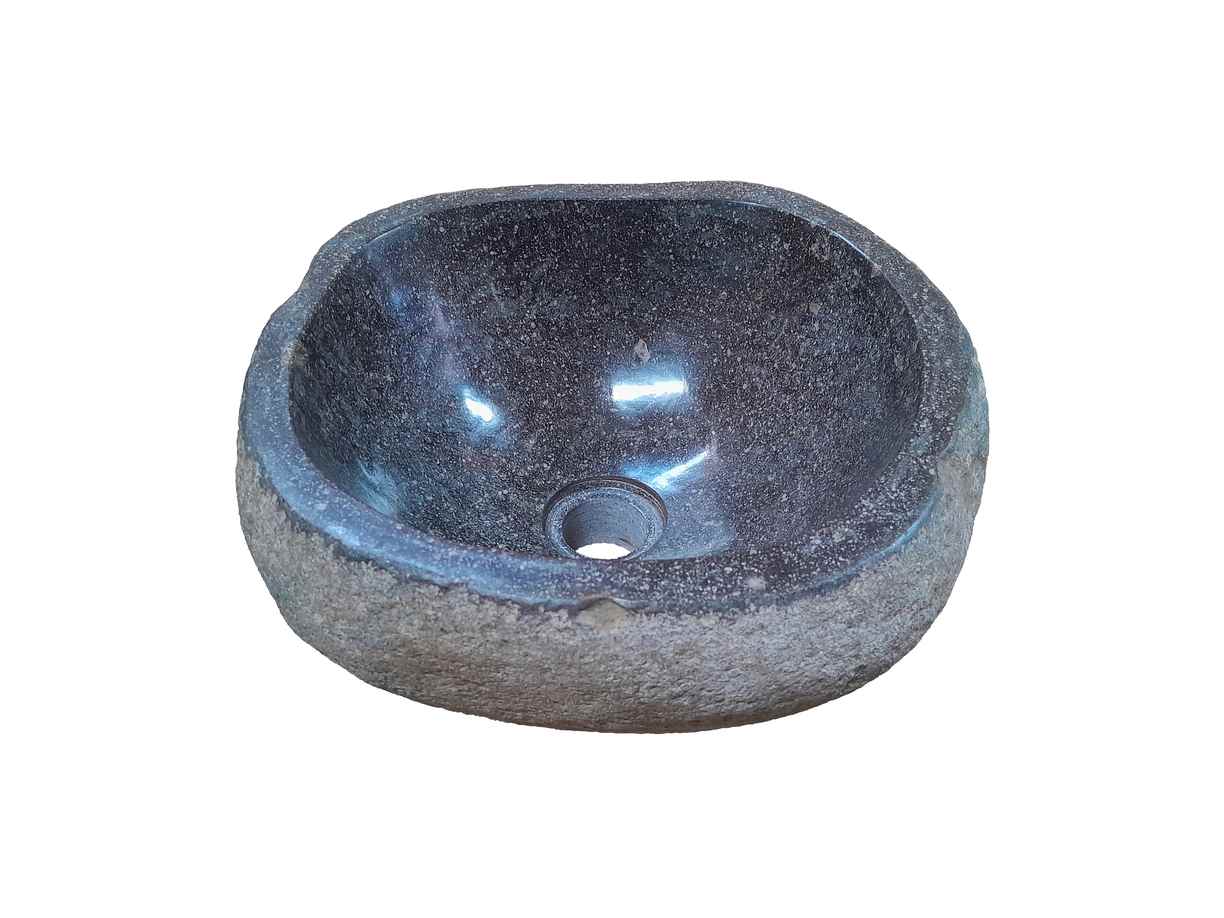 Unieke rivierstenen waskom, 31 x 30 x 15 cm, in natuurlijke grijstinten met een glad gepolijste binnenkant en ruwe buitenkant, brengt een mix van functionaliteit en natuurlijke schoonheid in uw badkamer. - Hover