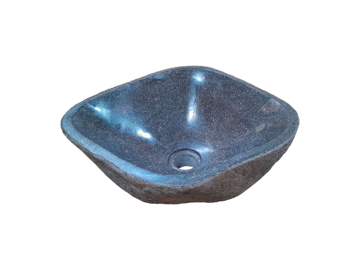 Unieke rivierstenen waskom, 39 x 36 x 15 cm, in natuurlijke grijstinten met een glad gepolijste binnenkant en ruwe buitenkant, verrijkt de badkamer met functionaliteit en natuurlijke charme. - Hover