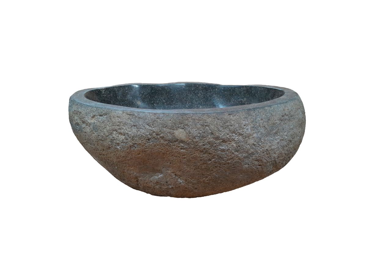 Unieke rivierstenen waskom, 37 x 27 x 15 cm, in natuurlijke grijstinten met een glad gepolijste binnenkant en ruwe buitenkant, verhoogt de functionaliteit en stijl in uw badkamer - Hover
