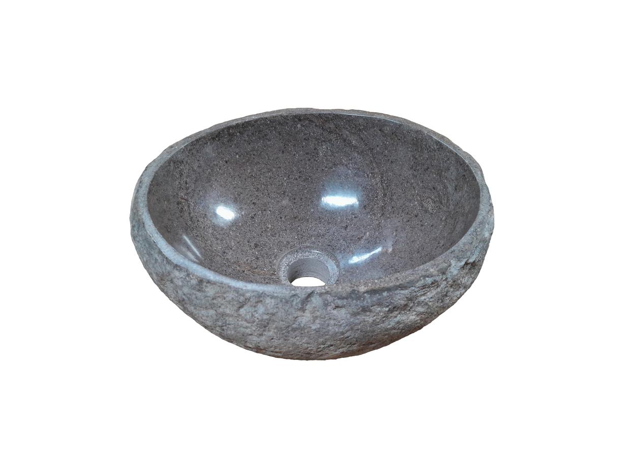 Unieke rivierstenen waskom in natuurlijke grijstinten, glad gepolijst aan de binnenkant met een natuurlijk ruwe buitenkant, afmetingen 31 x 26 x 15 cm, voor een elegante en rustgevende badkamer. - Hover