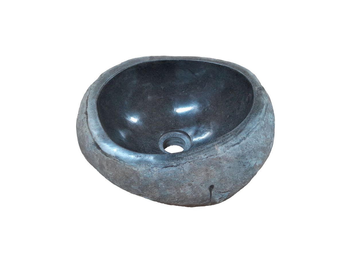 Unieke rivierstenen waskom in natuurlijke grijstinten, glad gepolijst aan de binnenkant met een ruwe natuurlijke buitenkant, afmetingen 30 x 28 x 15 cm, versterkt de elegantie en functionaliteit in uw badkamer - Hover