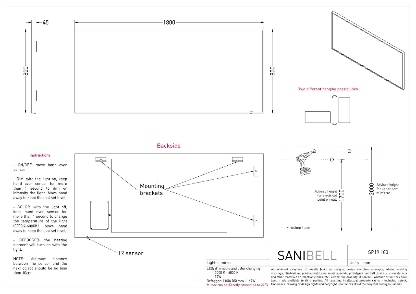 INK SP19 SPIEGEL MET DIRECTE VERLICHTING | 180 x 4 x 80 - Hover
