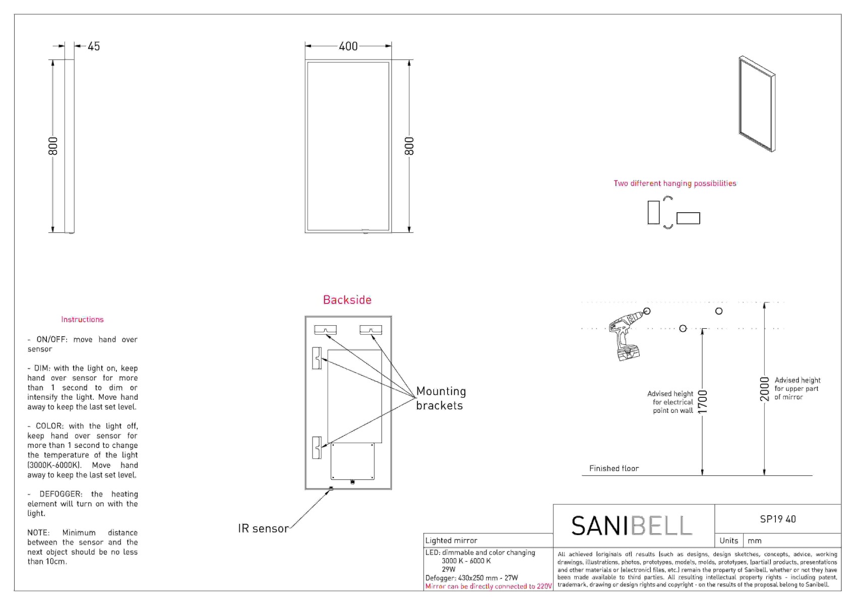 INK SP19 SPIEGEL MET DIRECTE VERLICHTING | 40 x 4 x 80 - Hover