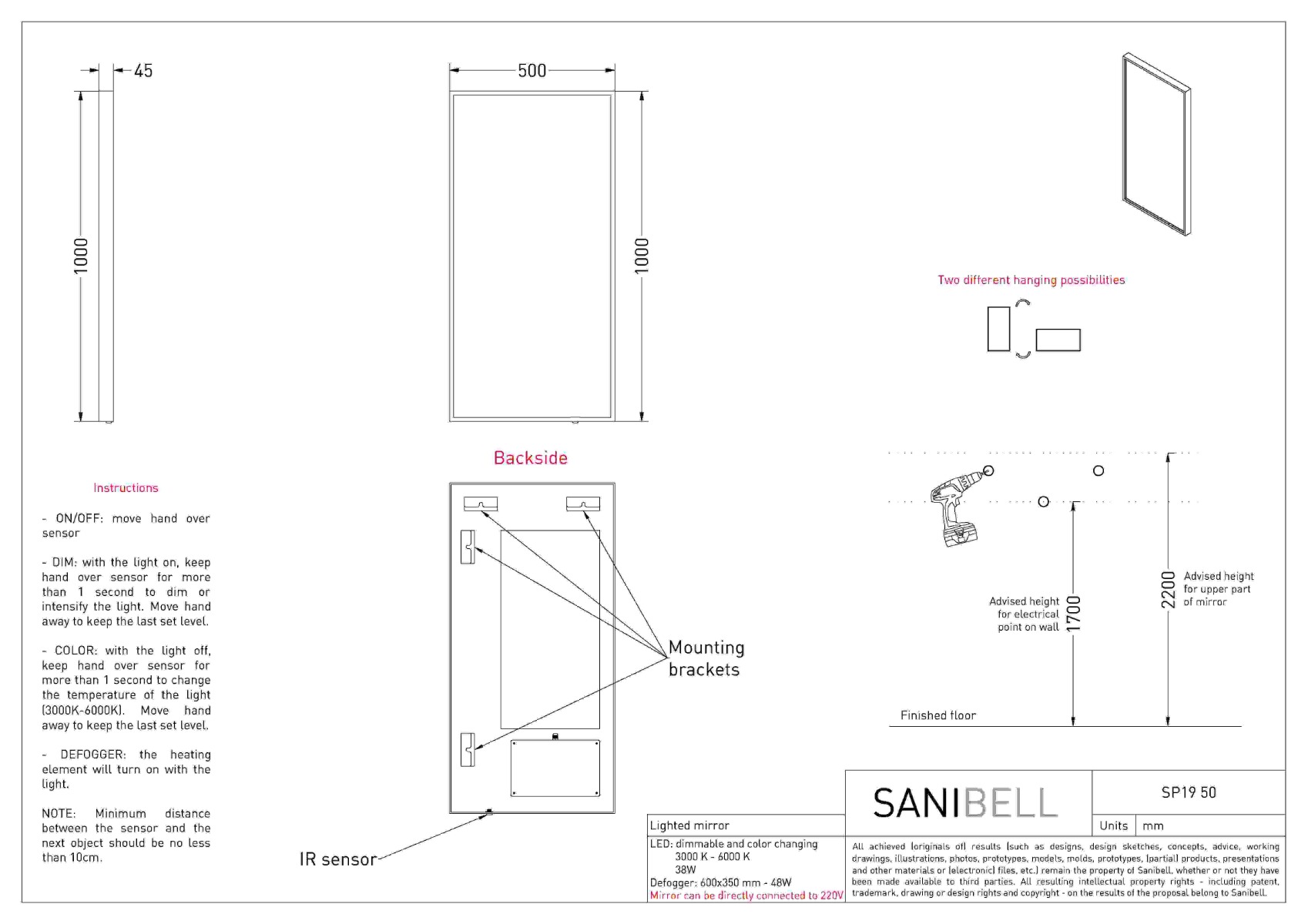 INK SP19 SPIEGEL MET DIRECTE VERLICHTING | 50 x 4 x 100 - Hover