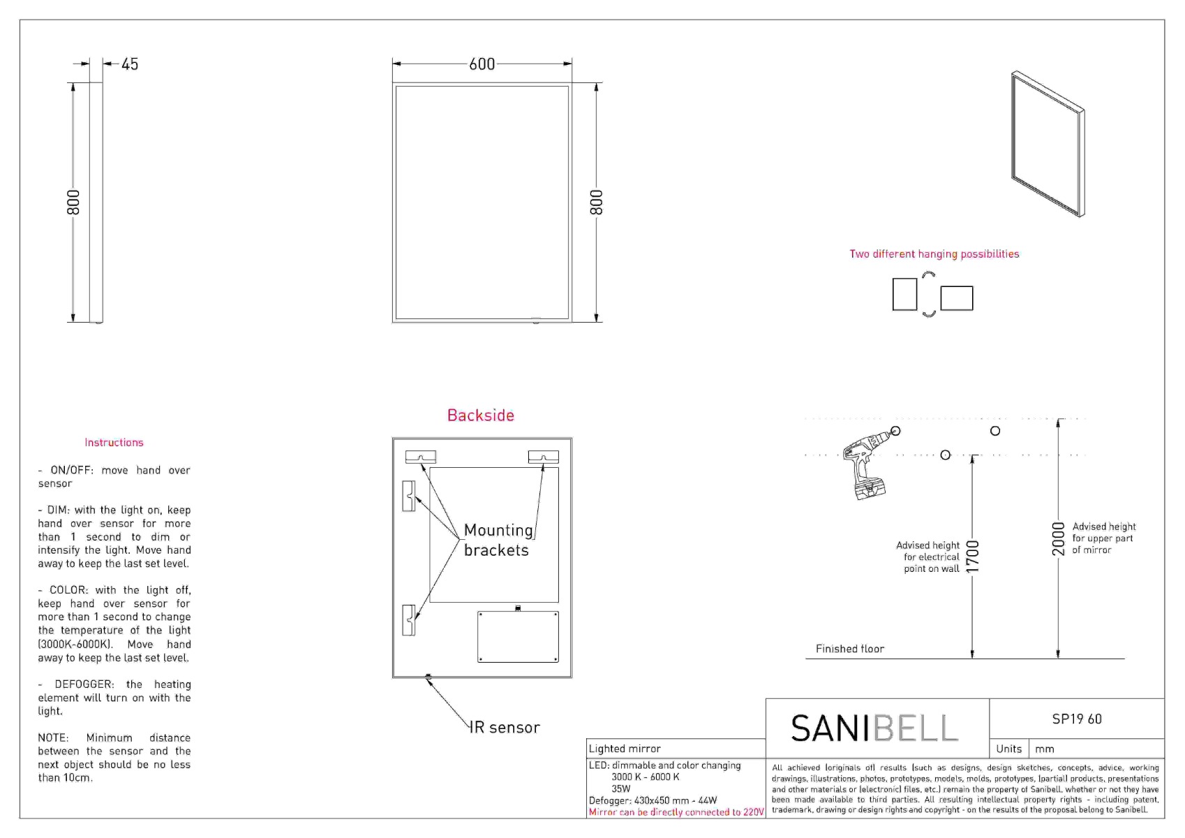 INK SP19 SPIEGEL MET DIRECTE VERLICHTING | 60 x 4 x 80 - Hover