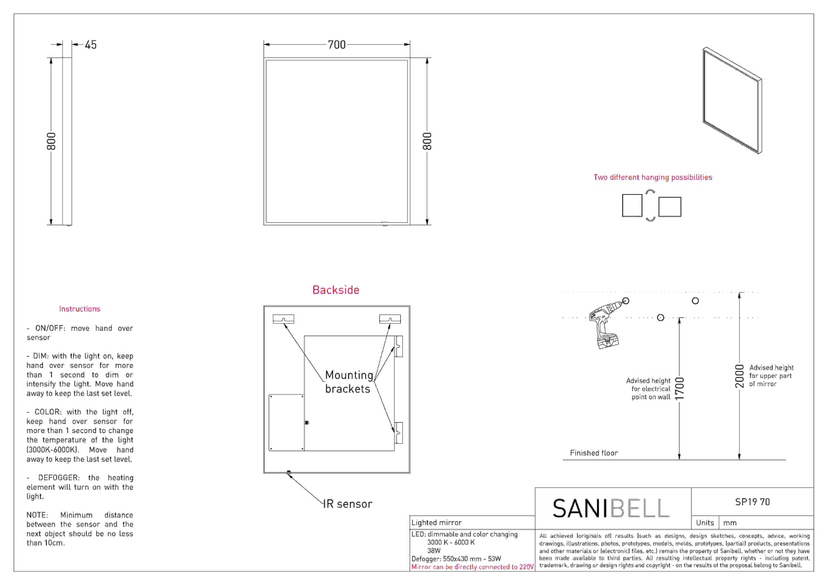 INK SP19 SPIEGEL MET DIRECTE VERLICHTING | 70 x 4 x 80 - Hover
