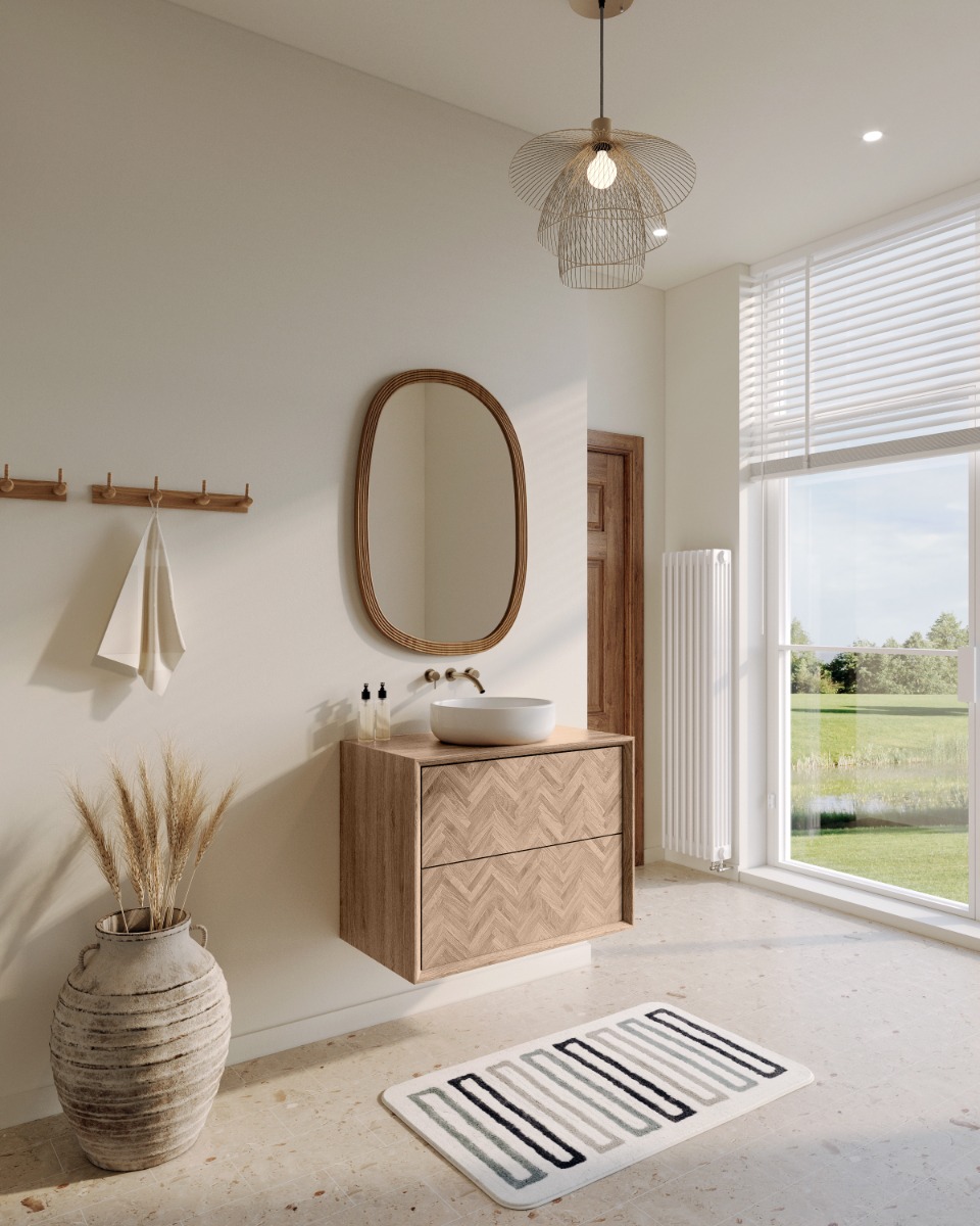 Eikenhouten badmeubel Waves met visgraatmotief ladenfronten, afgewerkt met hoogwaardige lak of olie, beschikbaar in diverse maten en kleuren, perfect voor maatwerk en bescherming tegen vocht in natte ruimtes. - Hover